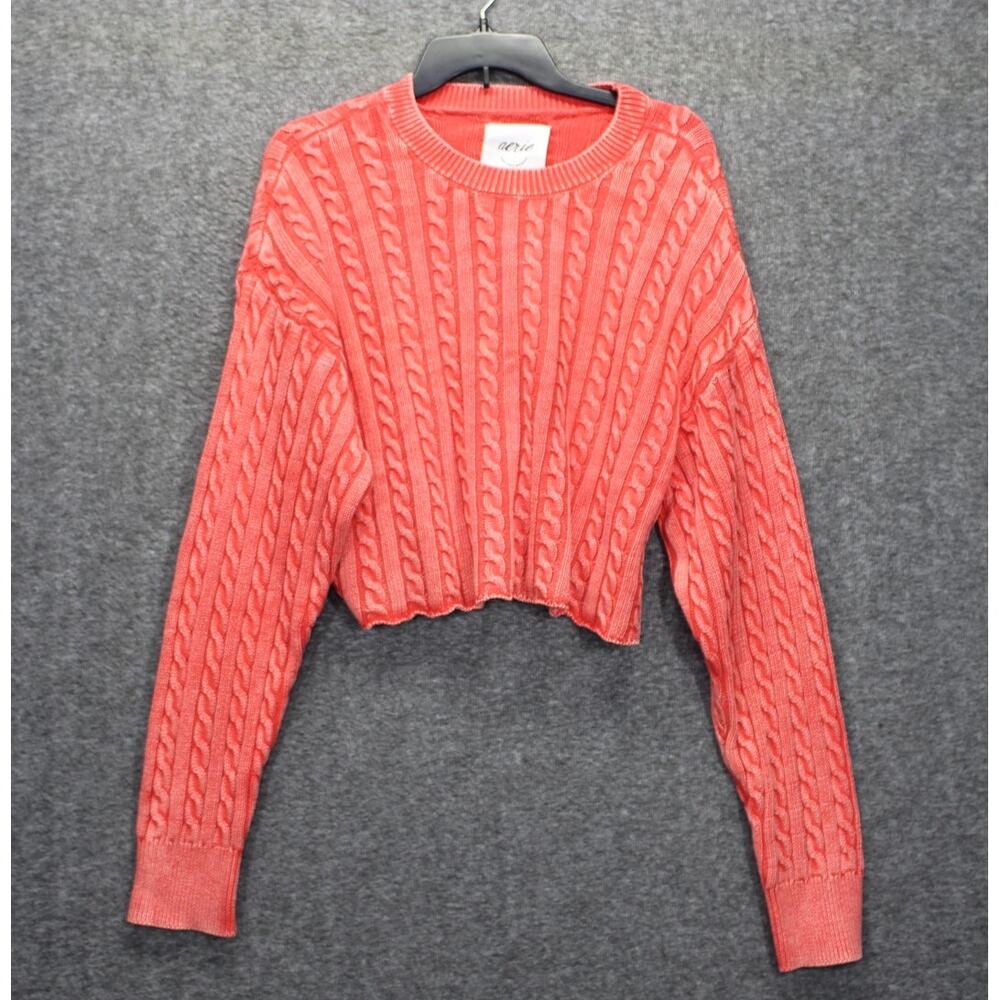 Aerie Cropped Cable Knit Sweater Red Size XL